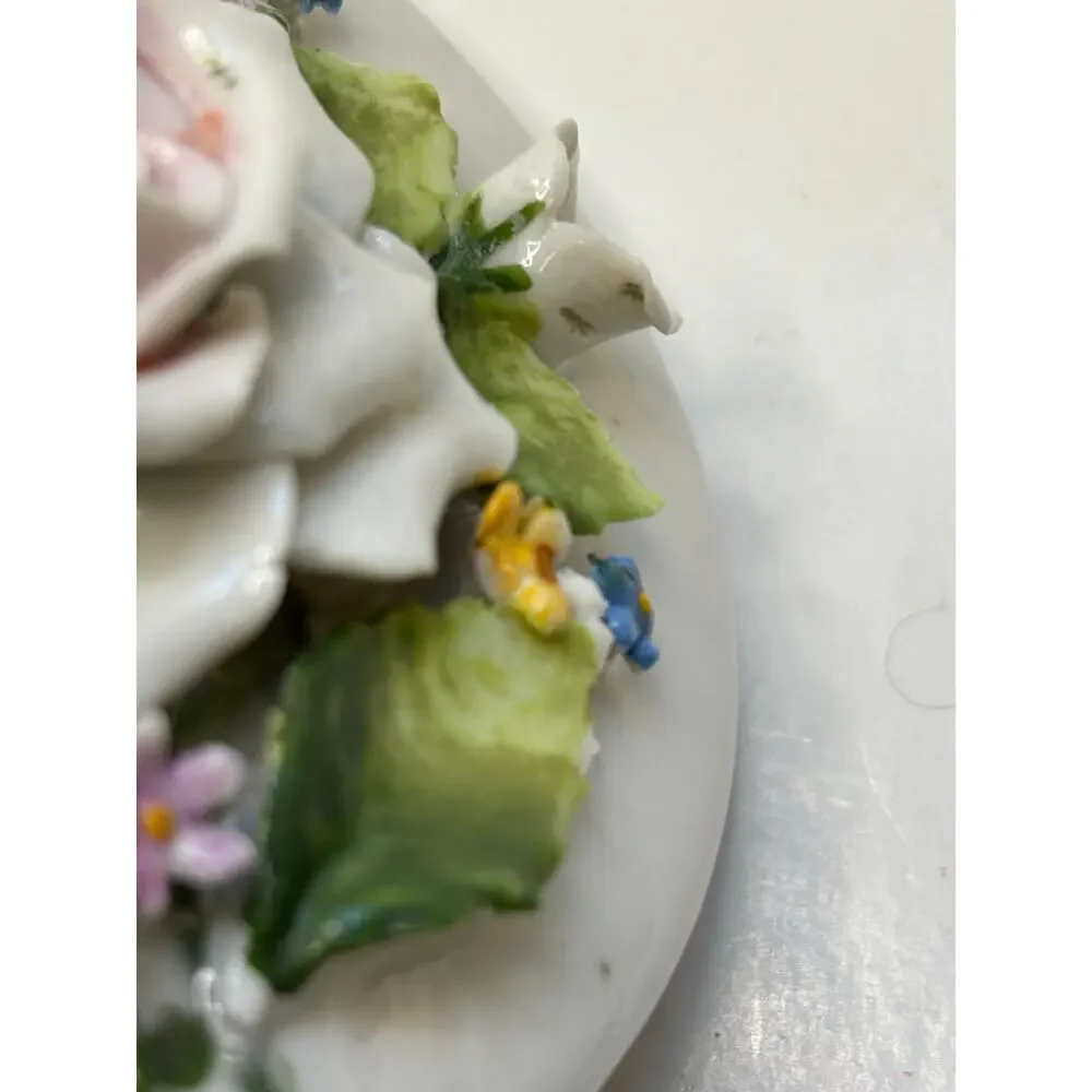 AS IS Porcelain Lidded Trinket Dish German Lusterware Applied Roses Powder Box